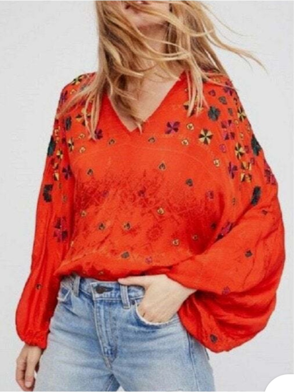 Free People Music in Time Bright Orange Embroidered V-Neck Blouse